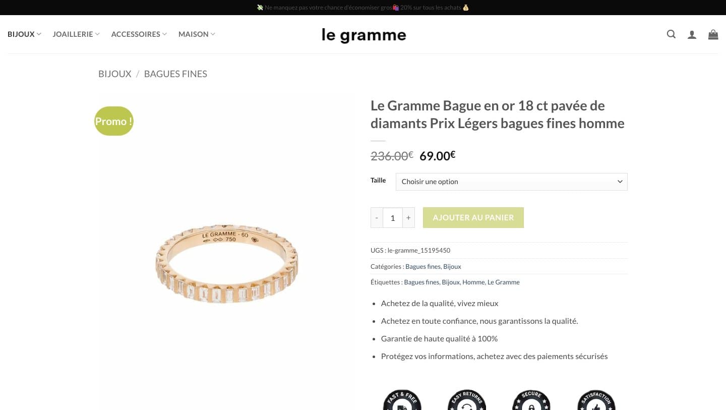 legrammeenfr.com product page for an 18ct gold diamond ring at 69 euros