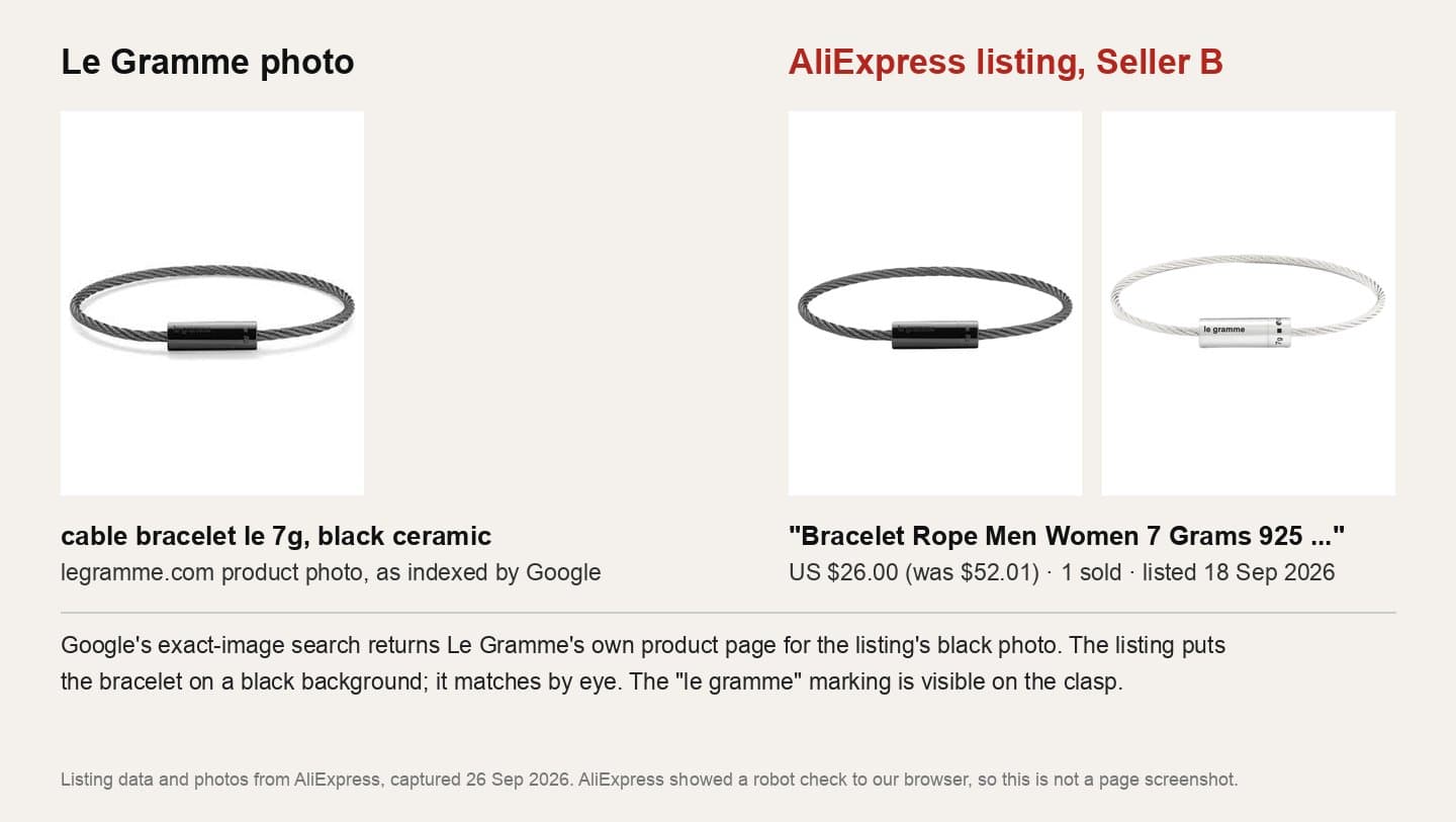 Le Gramme's black ceramic 7g cable bracelet next to an AliExpress listing showing a matching bracelet with the le gramme marking