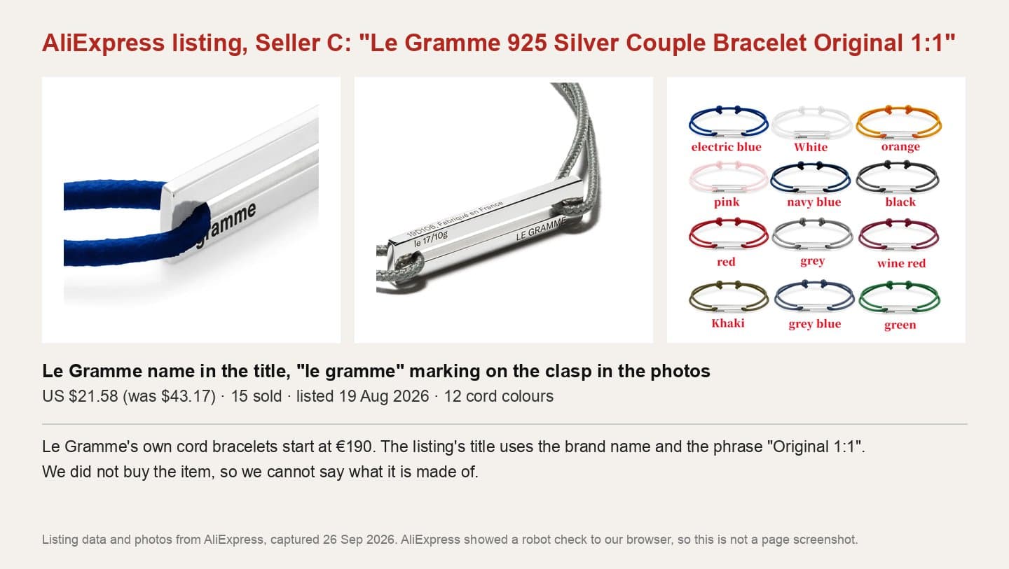 AliExpress listing titled Le Gramme 925 Silver Couple Bracelet Original 1:1 with le gramme marked clasps