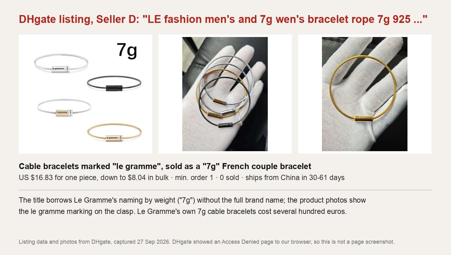DHgate listing of cable bracelets marked le gramme, sold as a 7g couple bracelet