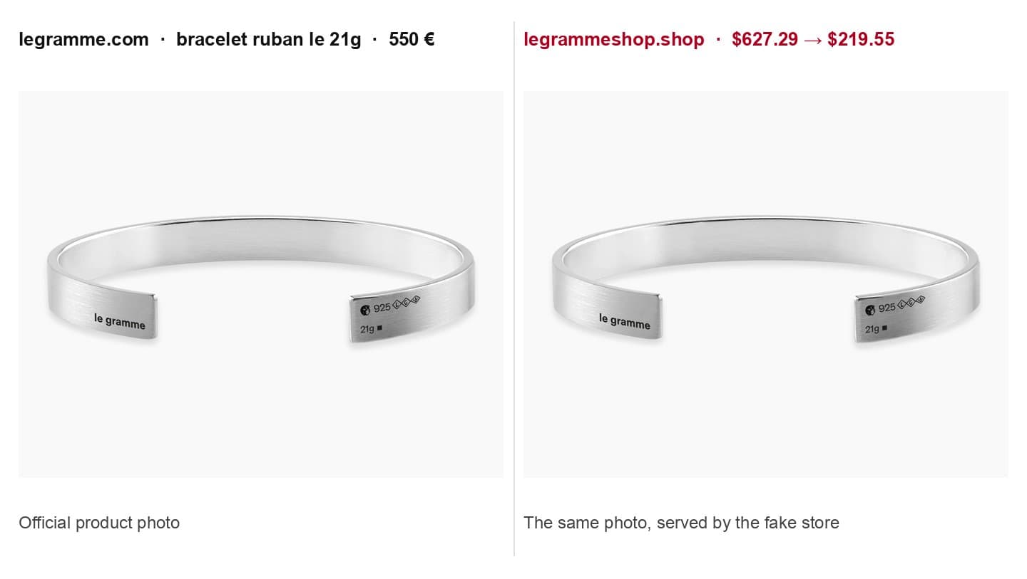 Official Le Gramme 21g ribbon bracelet photo next to the same photo on legrammeshop.shop