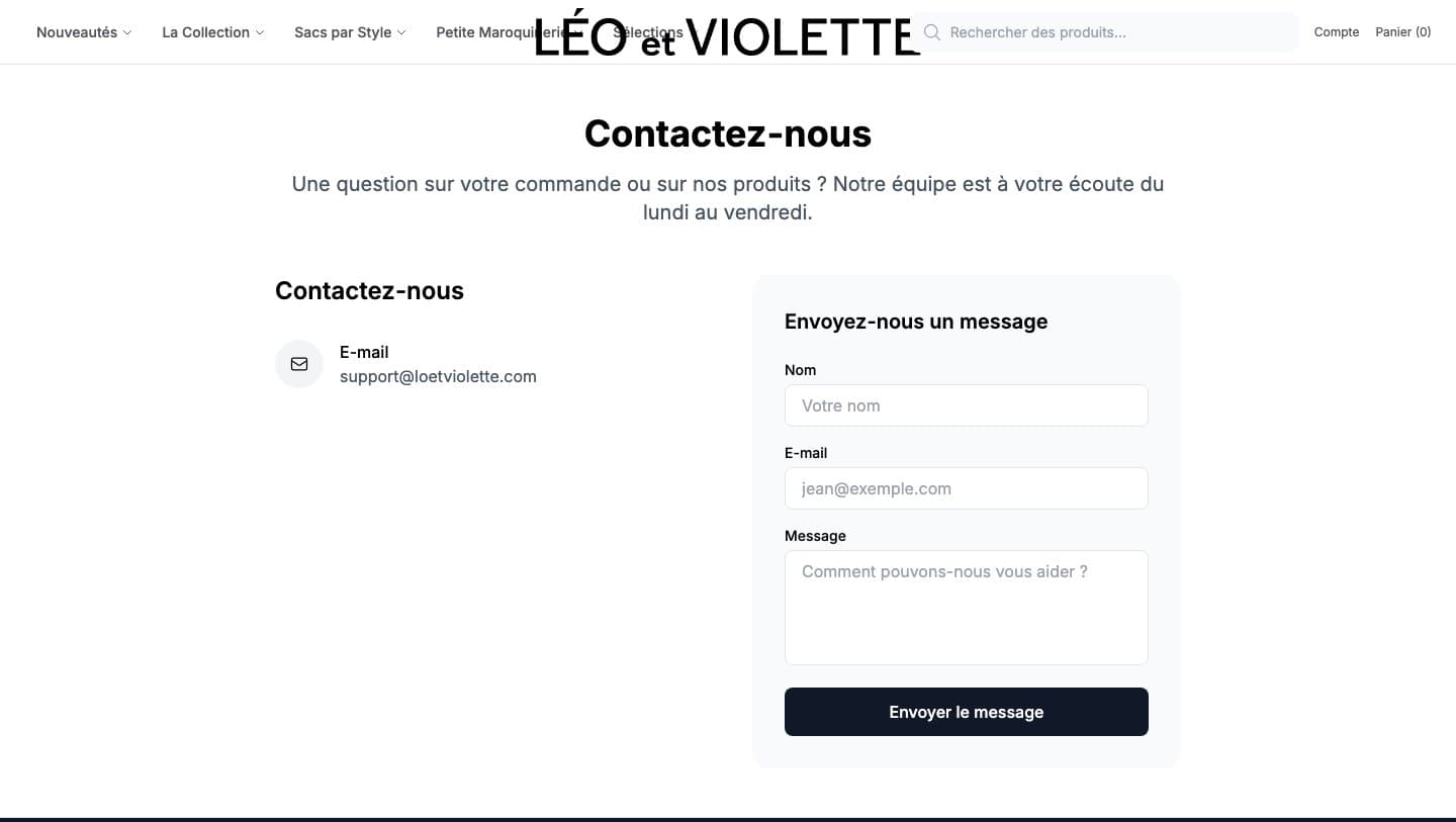 Contact page on leoetviolette.shop listing an email at loetviolette.com