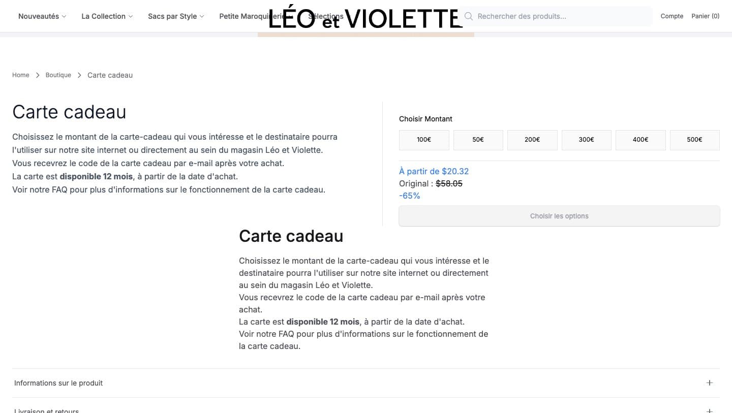 Léo et Violette gift card on leoetviolette.shop at 65% off