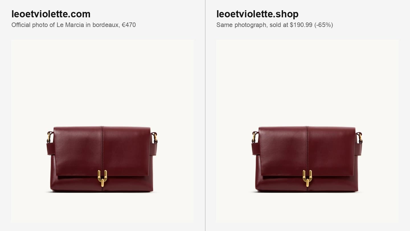 Official Le Marcia photo beside the same photo on leoetviolette.shop