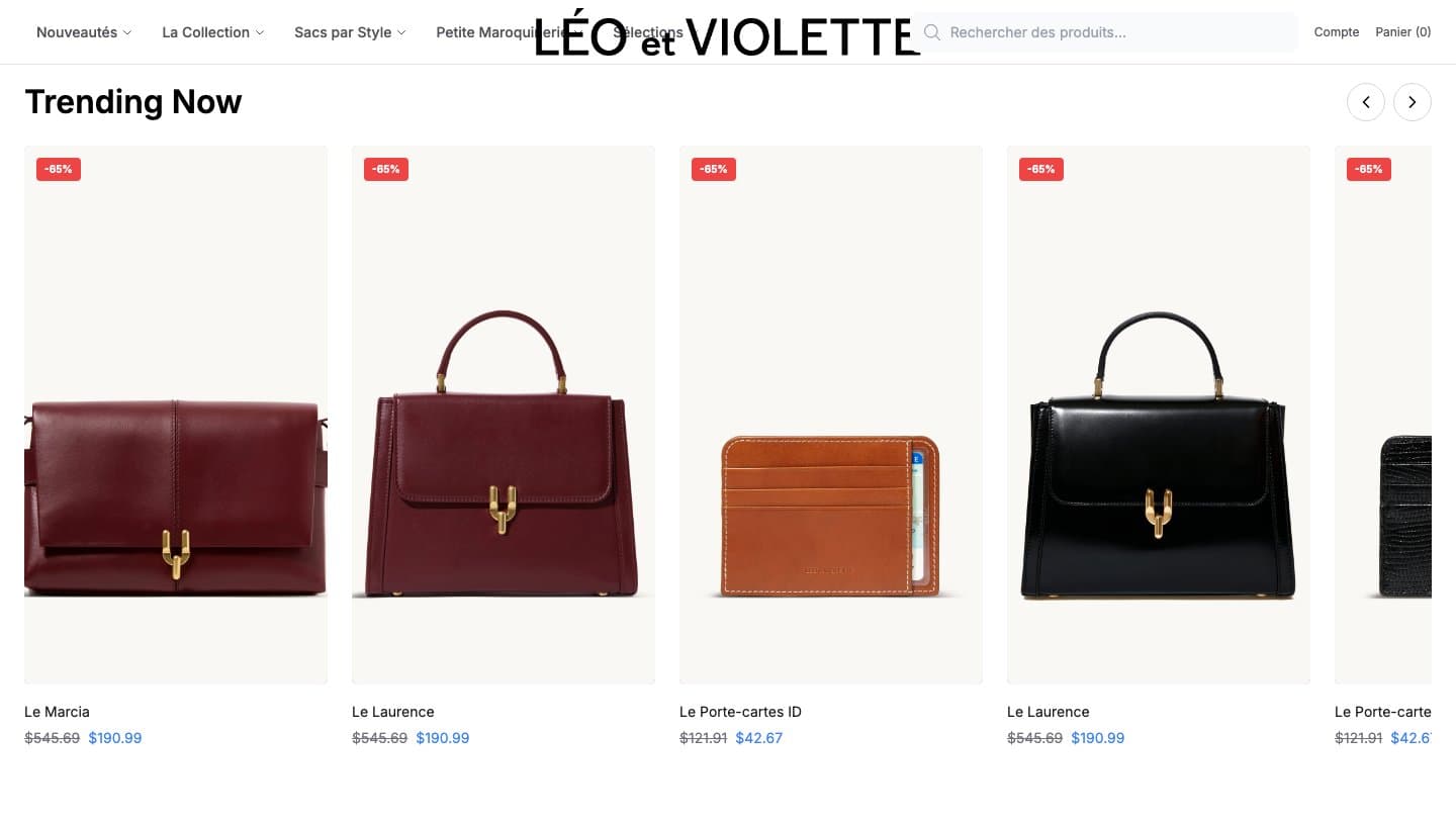 Trending Now row on leoetviolette.shop with 65% discounts