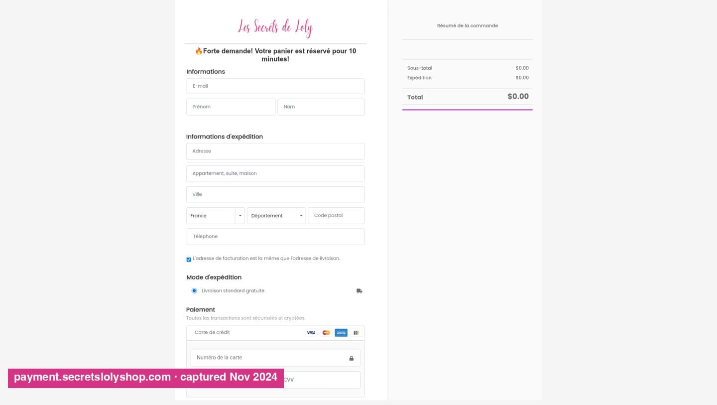 A Les Secrets de Loly branded checkout page with a 10-minute cart reservation and card fields