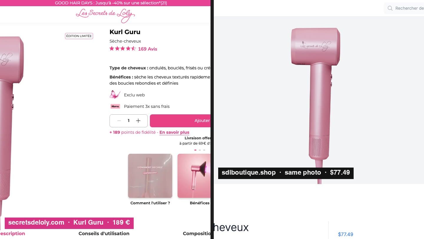 The official Kurl Guru page at 189 euros next to the same photo on sdlboutique.shop at $77.49