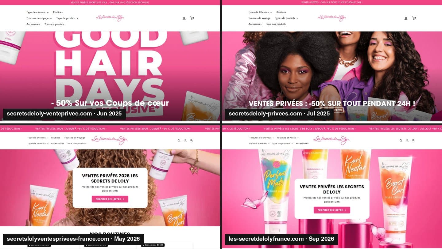 Four archived lookalike stores advertising Les Secrets de Loly private sales at up to 50% off