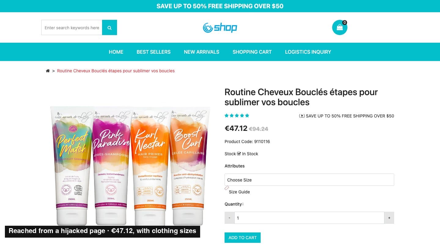 A generic store listing the Les Secrets de Loly curly-hair routine photo at 47.12 euros with clothing sizes