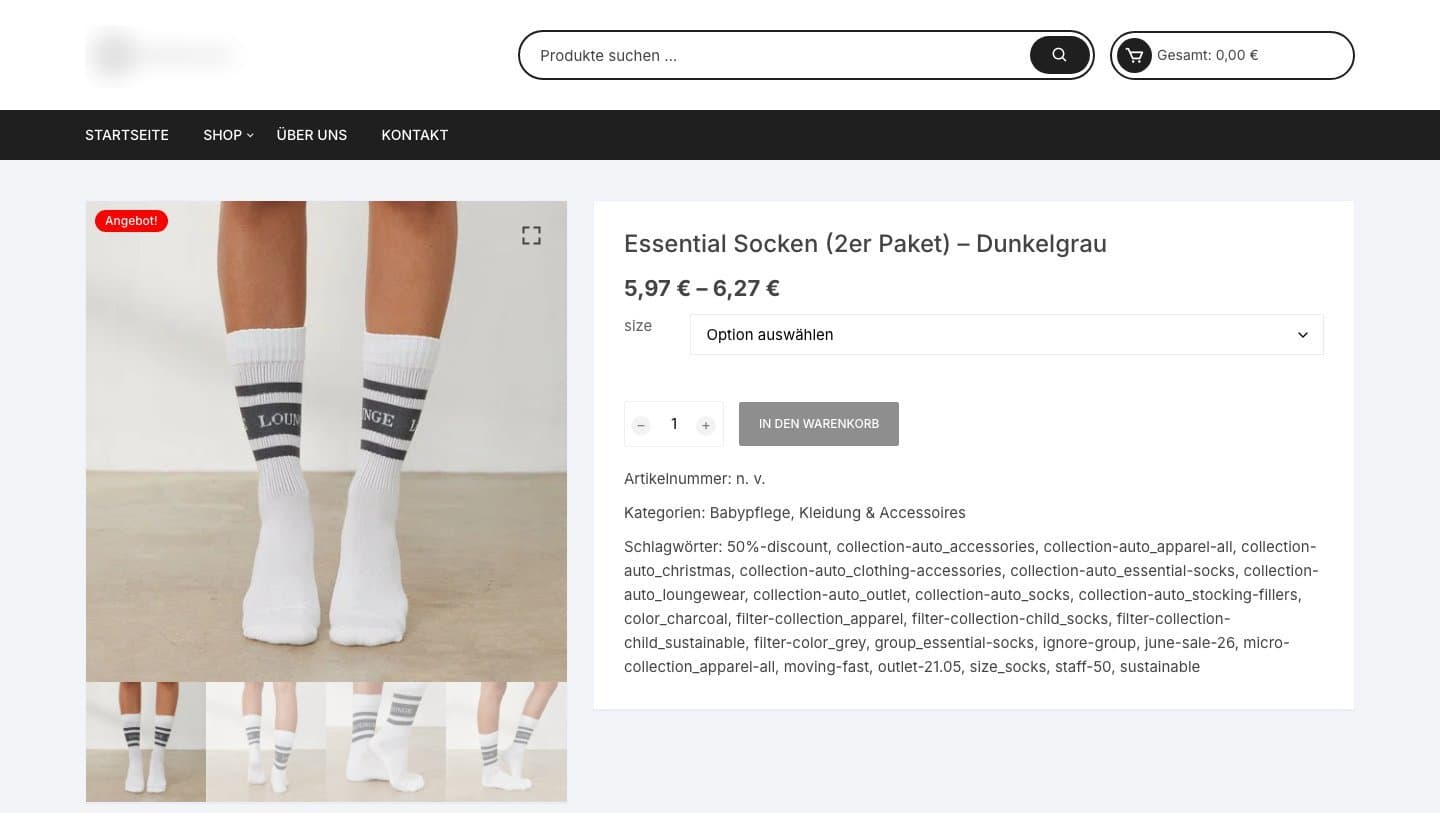 Baby-care shop selling Lounge Essential Socks for €5.97 with Lounge's internal tags