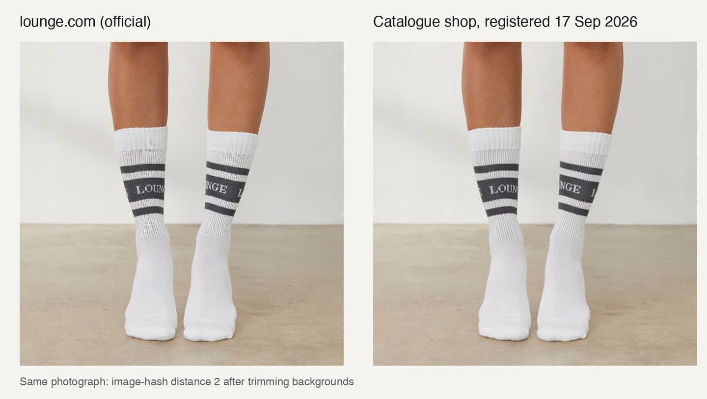 Official Lounge sock photo next to the same photo on a catalogue shop