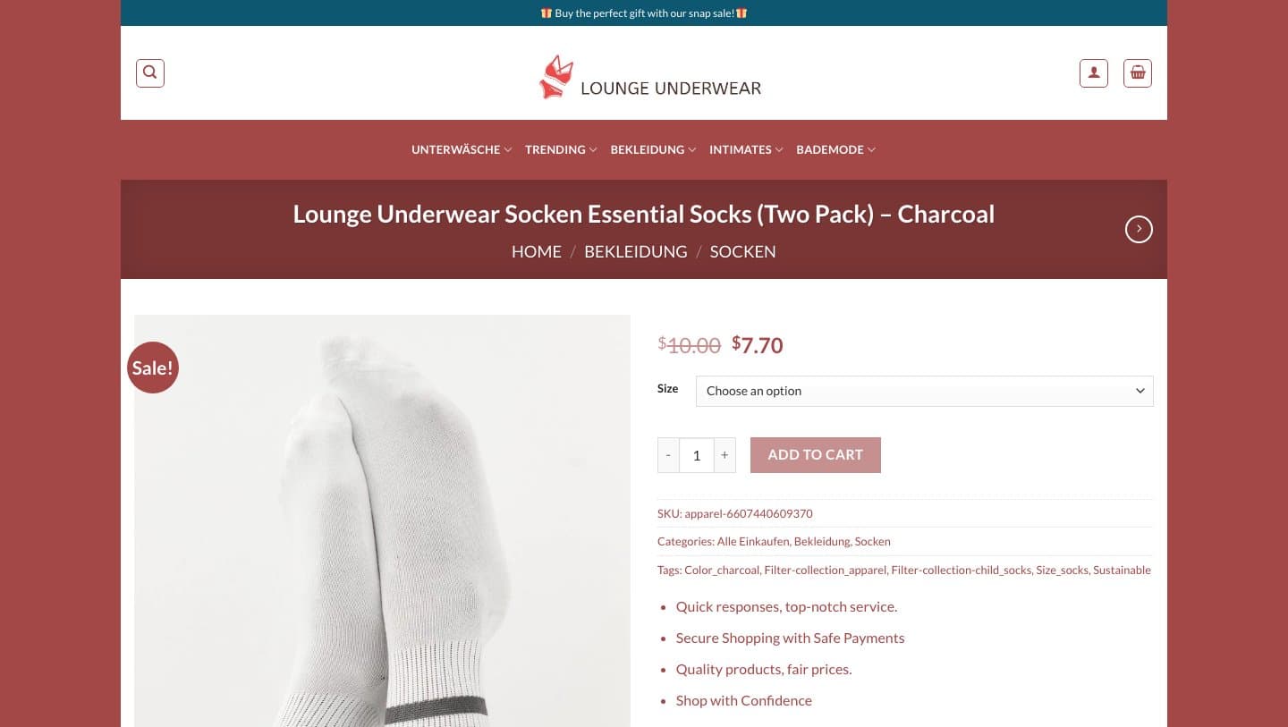 loungeunderwearus.com product page for Essential Socks showing SKU apparel-6607440609370