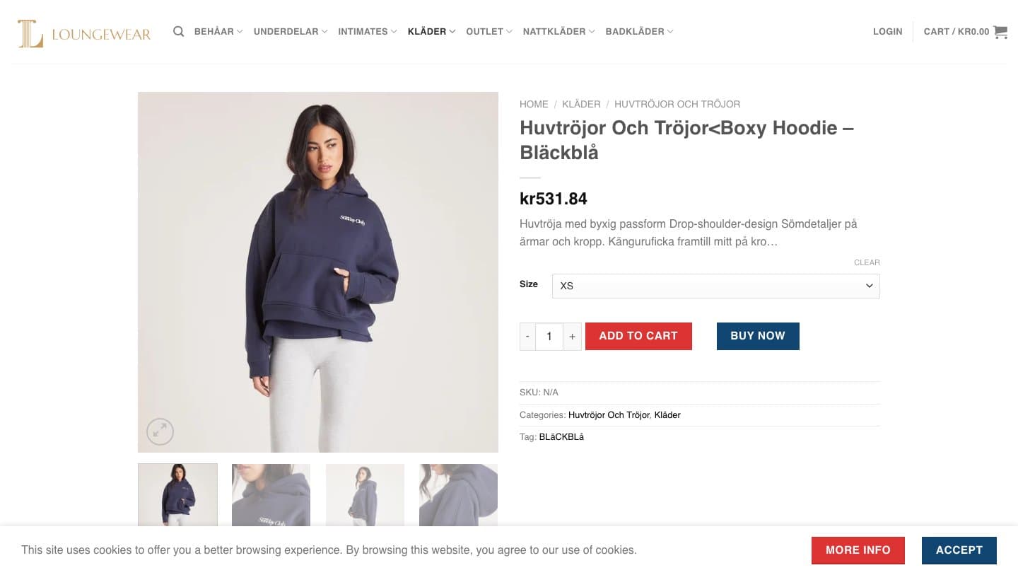 loungewearcheap.com product page for a Boxy Hoodie at 531.84 kr
