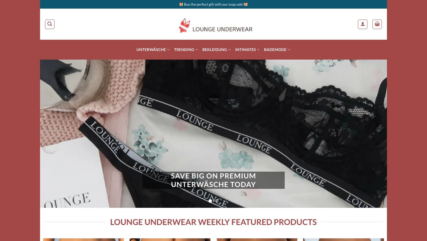 loungeunderwearus.com homepage with a LOUNGE UNDERWEAR logo and German menu