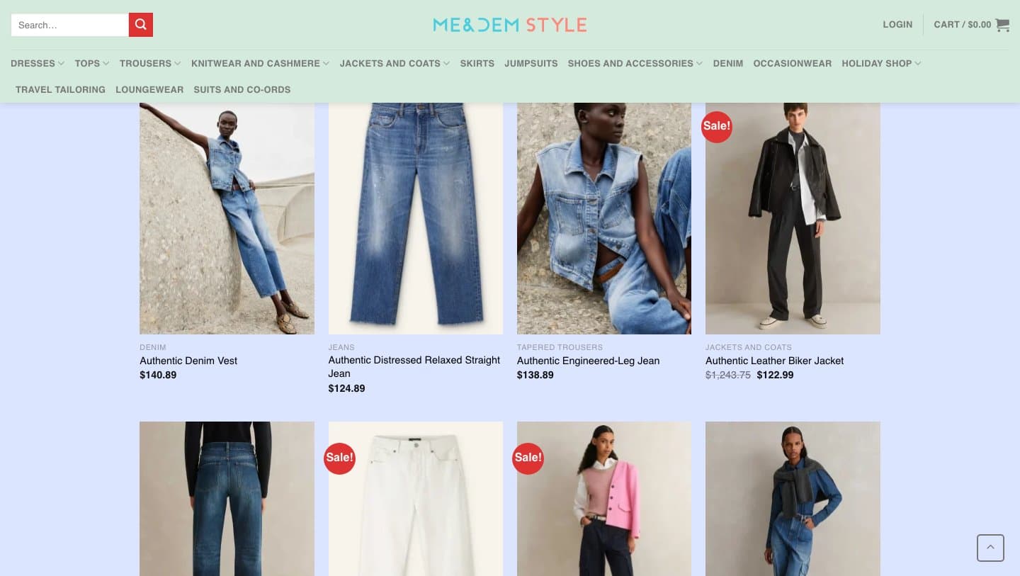 meandemstyle.com product grid with the Authentic Leather Biker Jacket reduced to $122.99