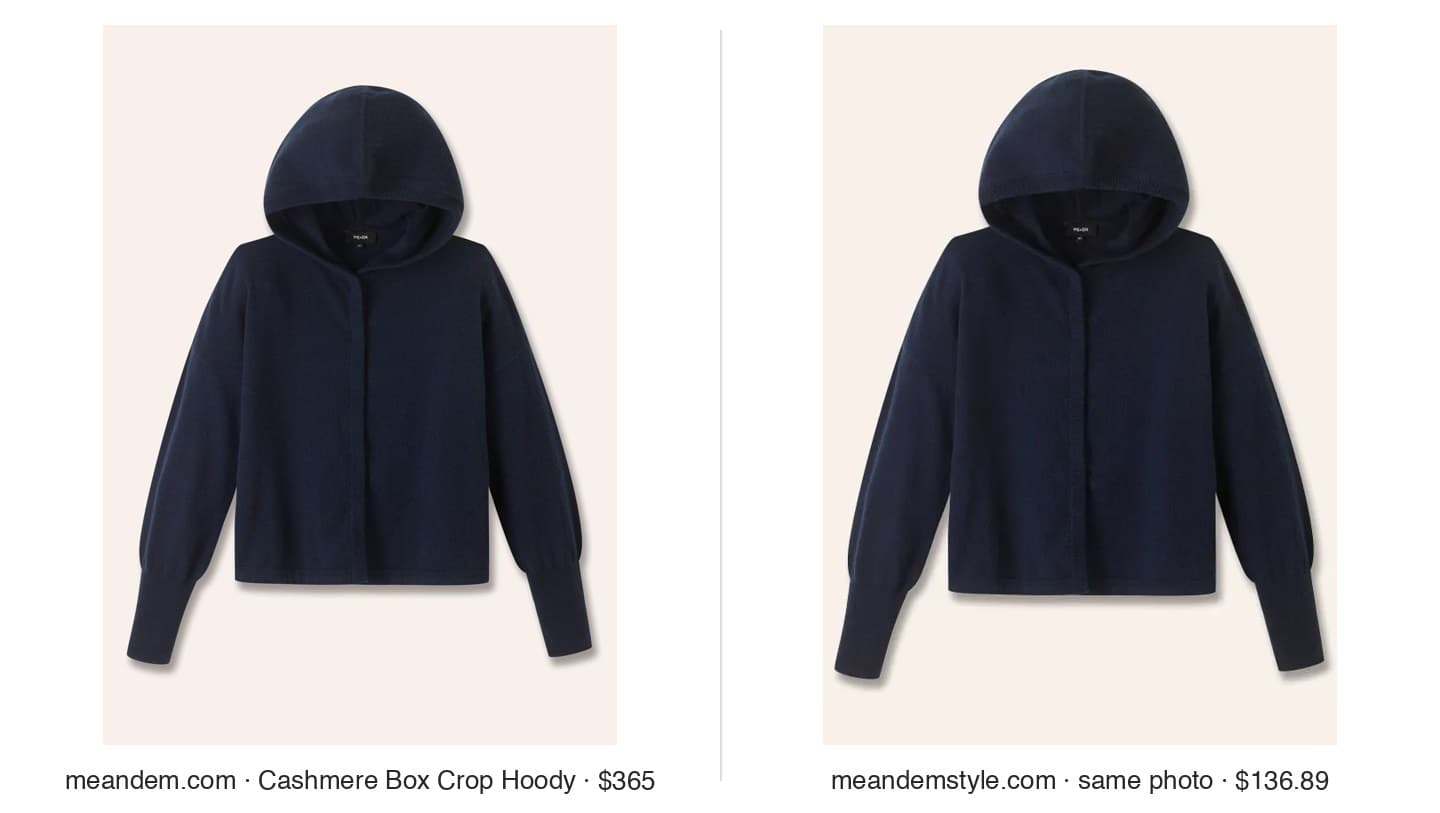ME+EM cashmere hoody packshot on meandem.com next to the same photo on meandemstyle.com