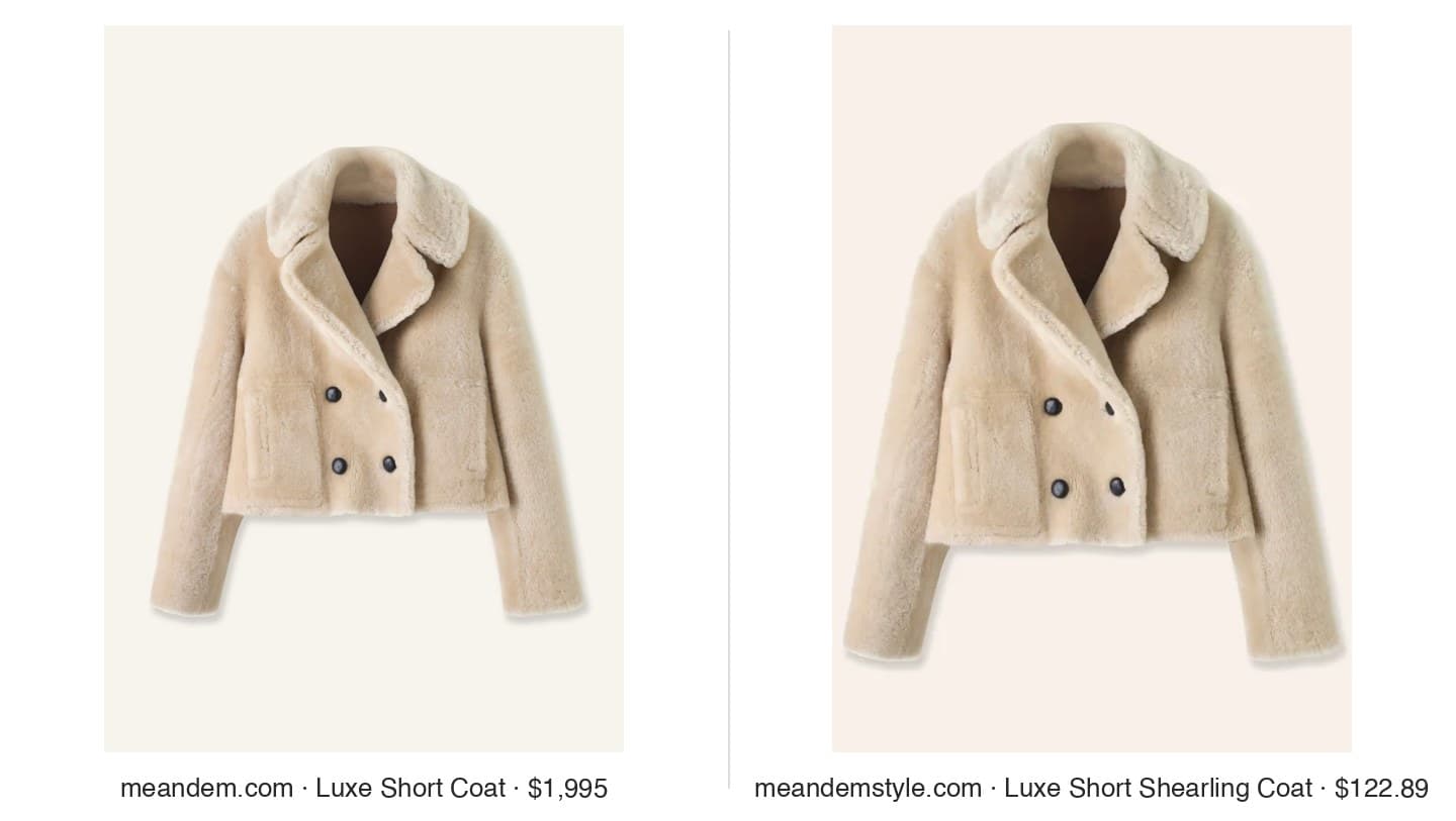 ME+EM Luxe Short Coat packshot on meandem.com next to the same photo on meandemstyle.com
