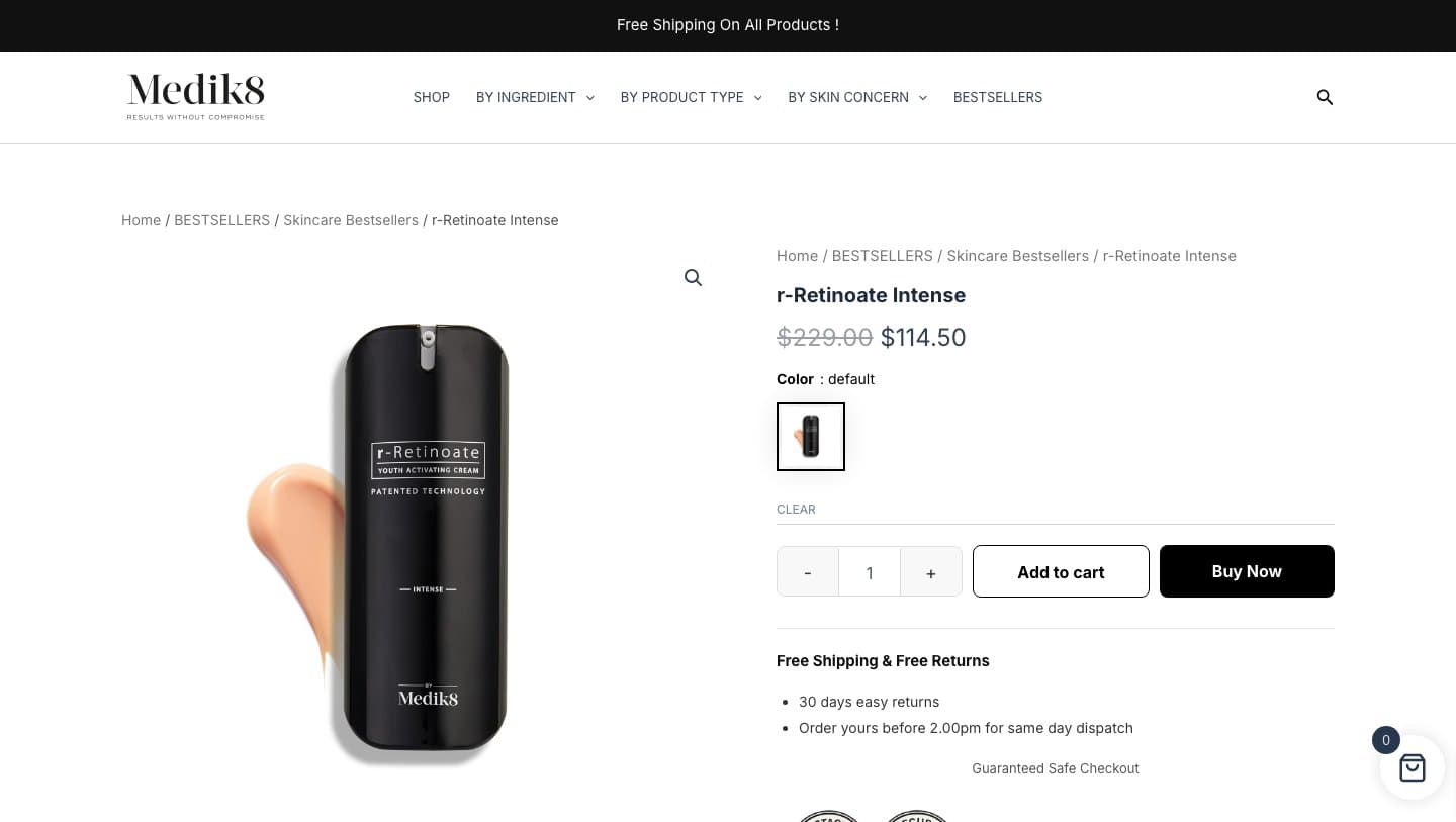 medik8s.com product page for r-Retinoate Intense at $114.50