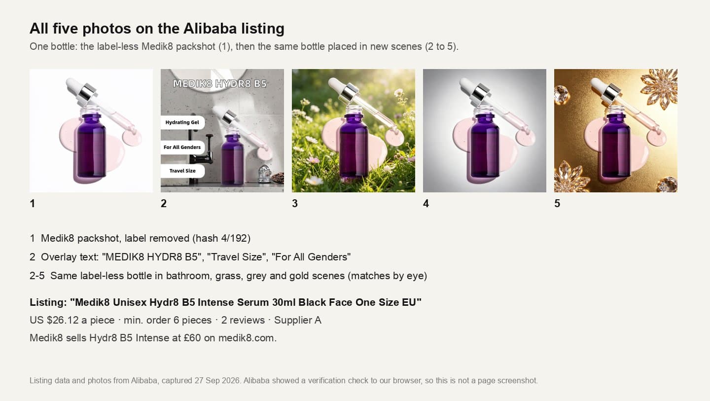 The five photos of the Alibaba Medik8 Hydr8 B5 Intense listing: the label-less packshot and four scenes with the same bottle