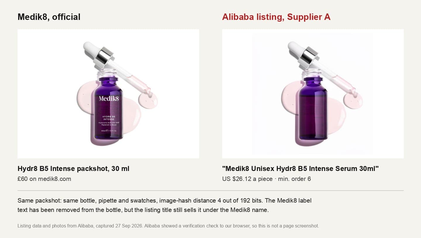 Medik8's Hydr8 B5 Intense packshot next to the main photo of an Alibaba listing, the same image with the label text removed