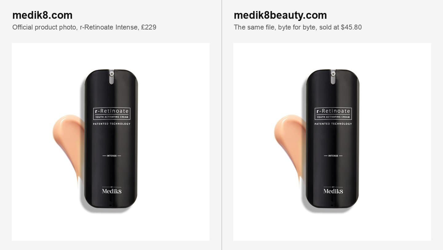 Official r-Retinoate Intense photo beside the identical file on medik8beauty.com
