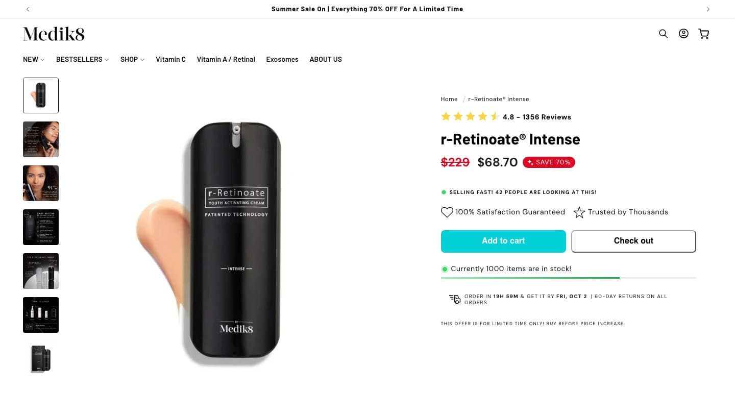 medik8skincare.com product page for r-Retinoate Intense at $68.70