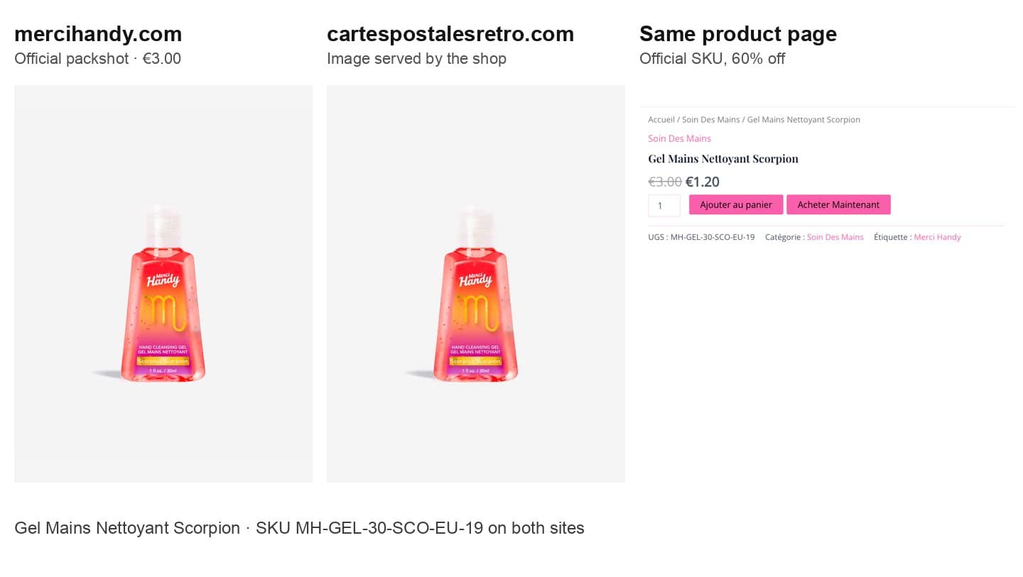 Official Scorpion hand gel packshot, the same image on cartespostalesretro.com, and its product page showing the official stock code at €1.20