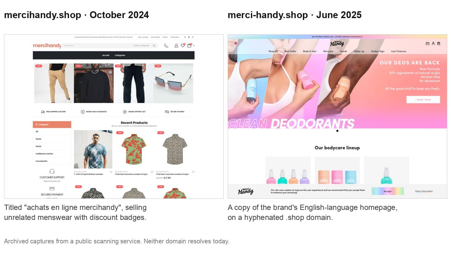 Archived captures of mercihandy.shop selling menswear and merci-handy.shop copying the brand's homepage