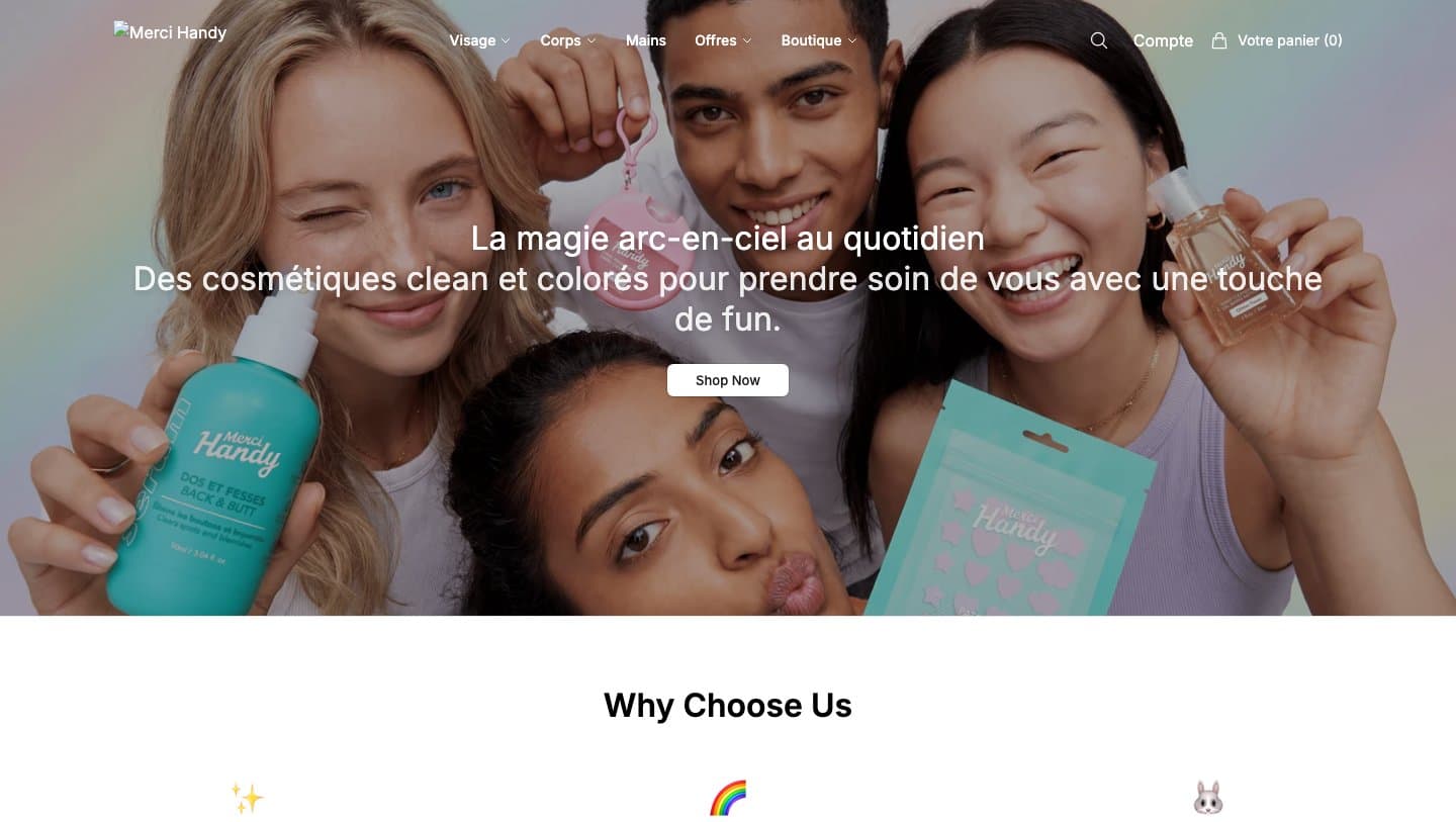 shopmercihandy.shop homepage with a campaign photo showing Merci Handy products