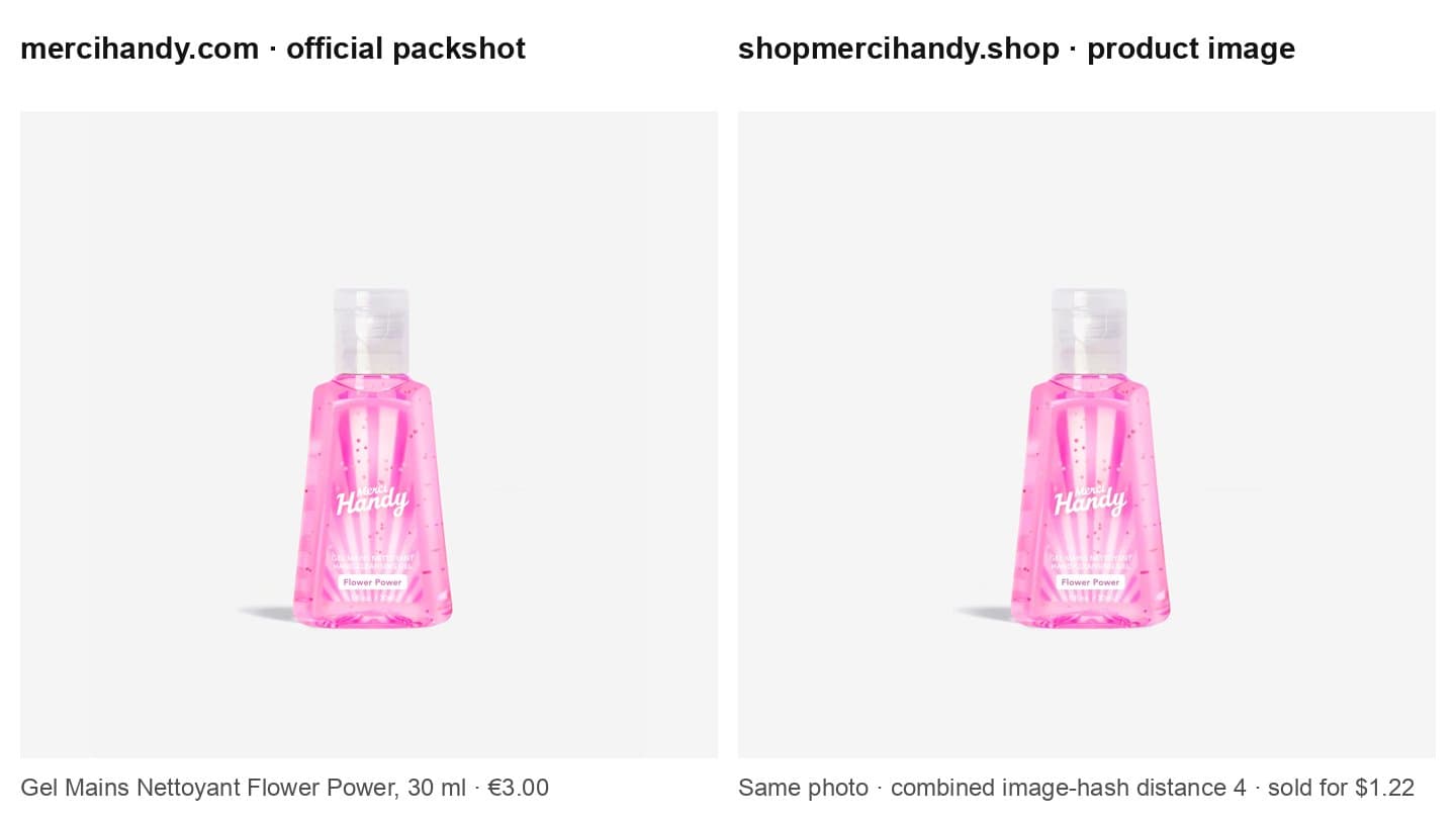 Merci Handy's official Flower Power packshot next to the same image on shopmercihandy.shop