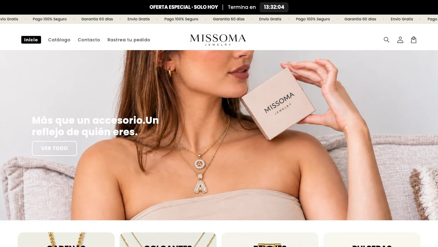 missomaofficial.com homepage branded MISSOMA JEWELRY in Spanish