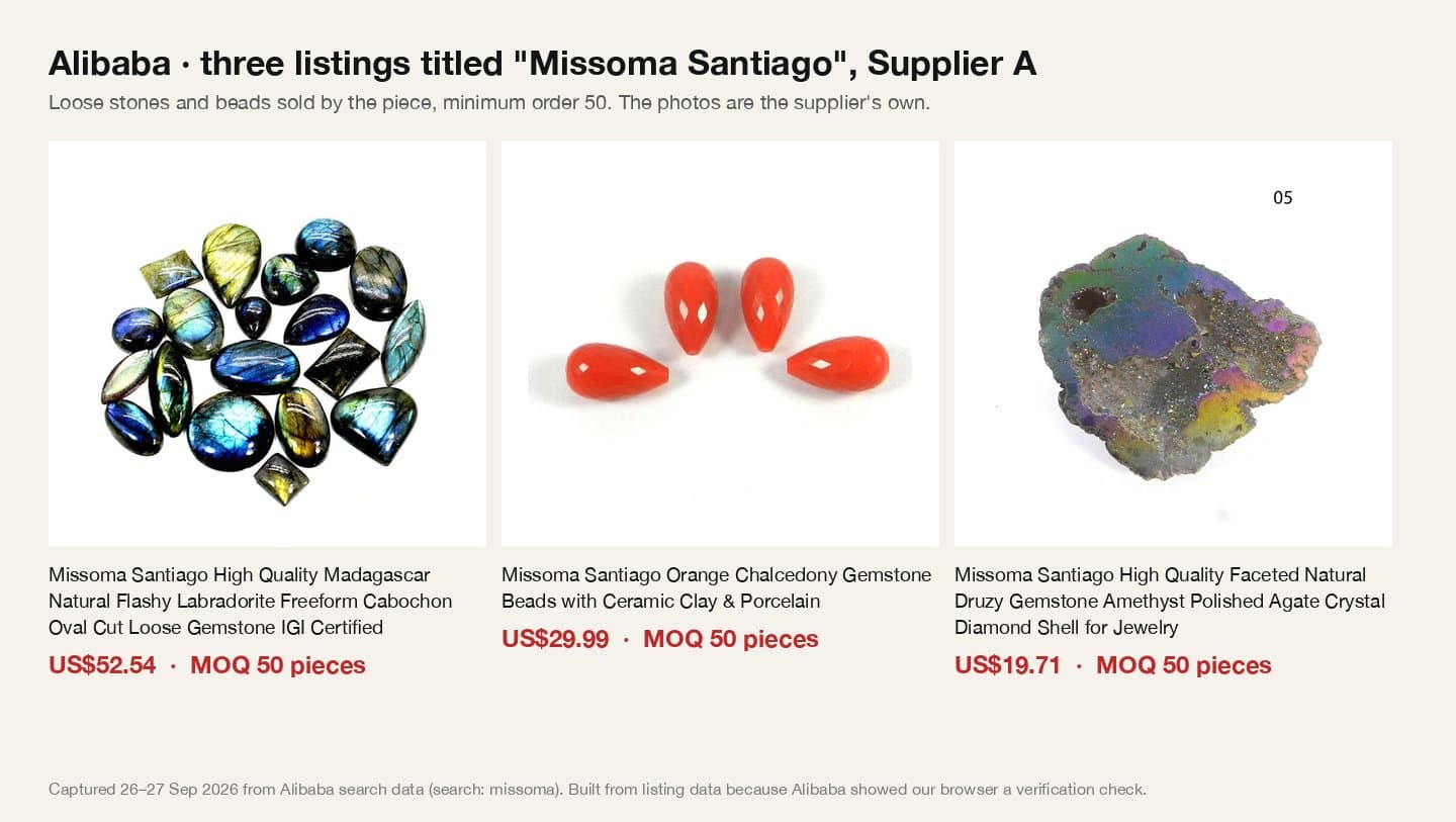 Three Alibaba listings for loose gemstones and beads titled Missoma Santiago, US$19.71 to US$52.54, minimum order 50 pieces