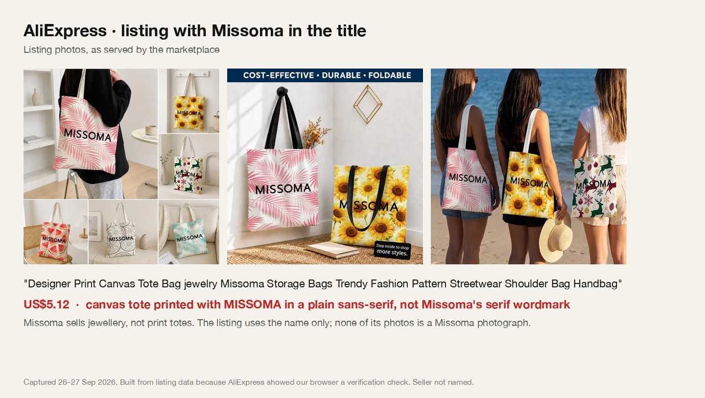 AliExpress listing photos of canvas tote bags printed with the word MISSOMA, listed at US$5.12