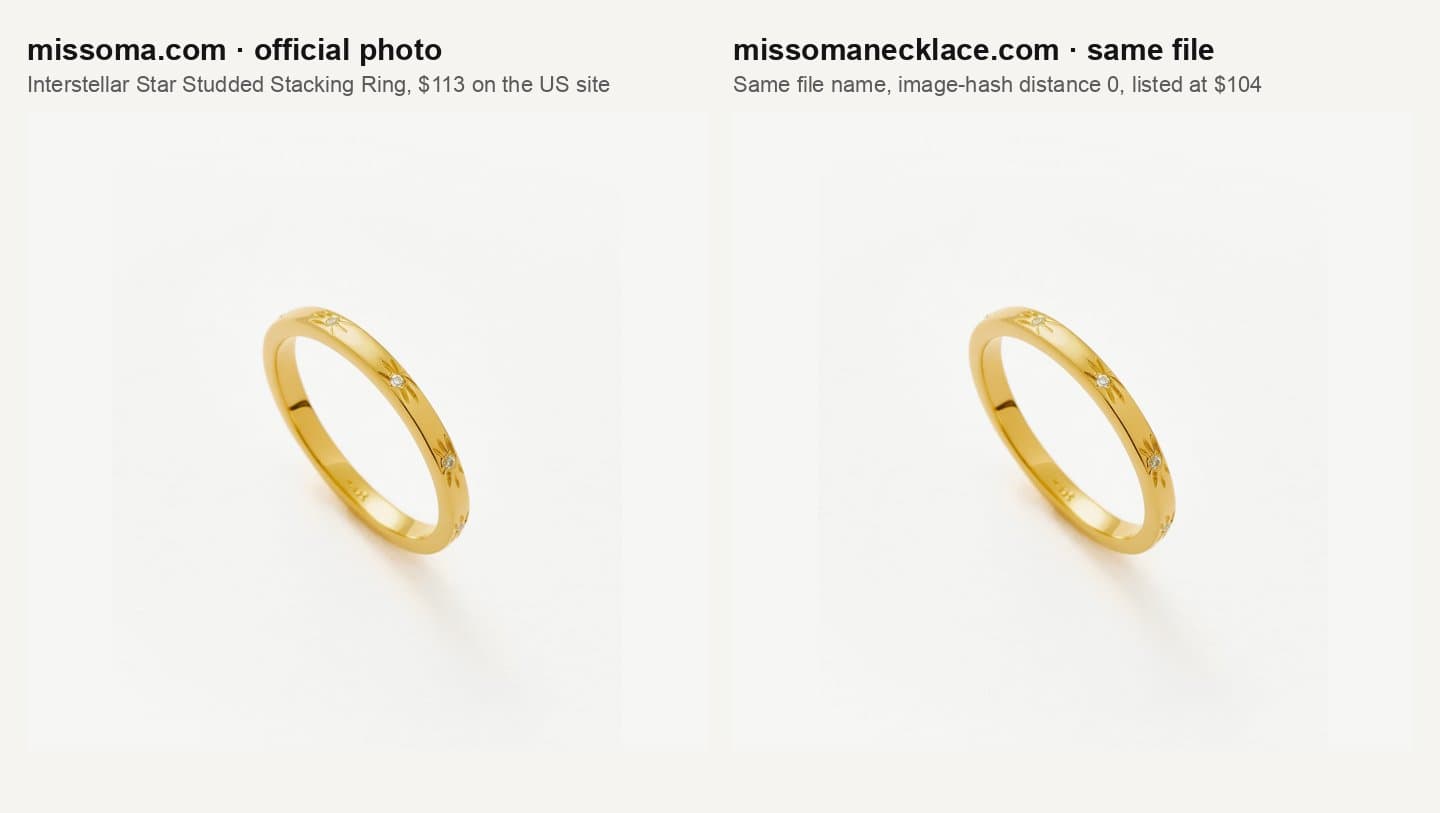 Missoma's official Interstellar ring photo next to the same photo on missomanecklace.com