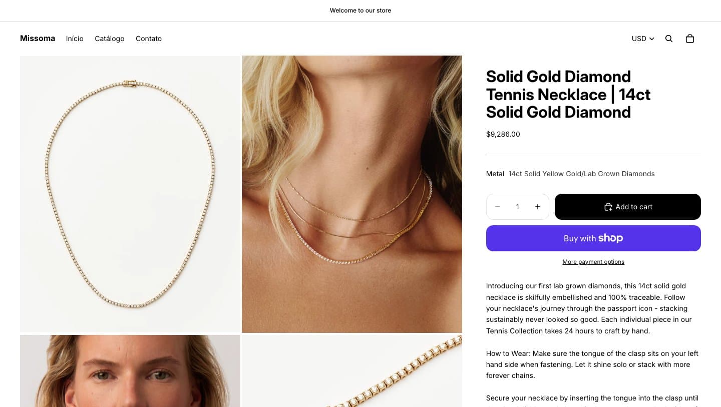 missomanecklace.com product page for a 14ct solid gold diamond tennis necklace at $9,286
