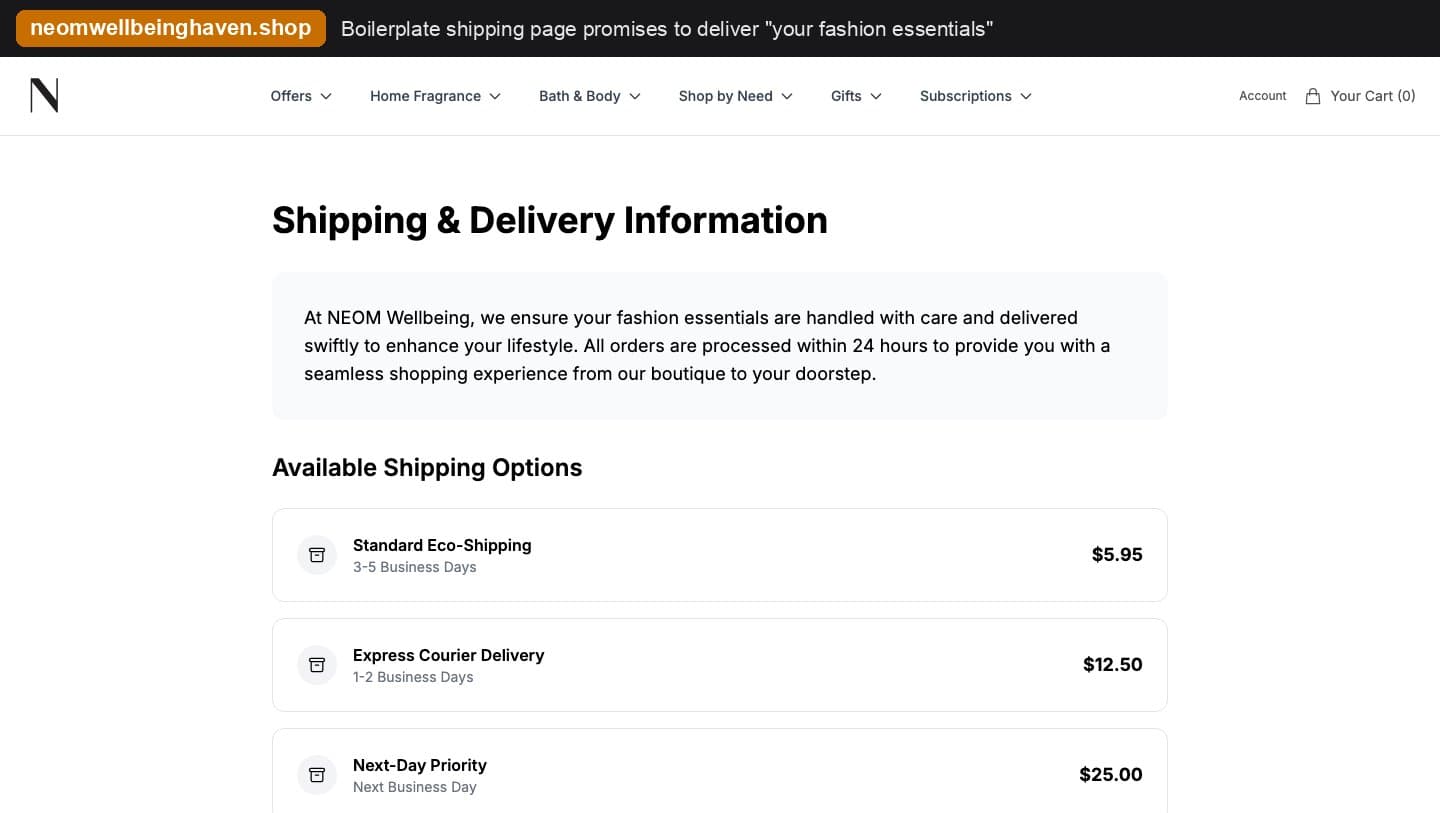 neomwellbeinghaven.shop shipping page promising to deliver fashion essentials