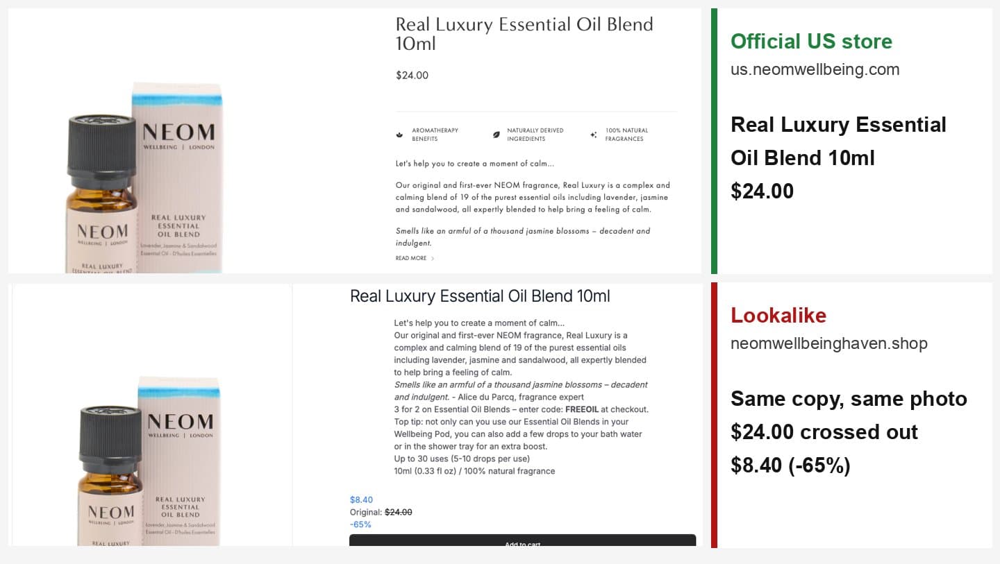 Official Real Luxury Essential Oil Blend page at $24 above the same product on neomwellbeinghaven.shop at $8.40