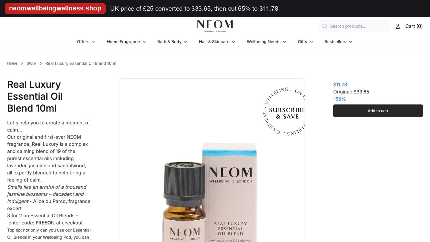 neomwellbeingwellness.shop product page showing the Real Luxury blend at $11.78, down from $33.65