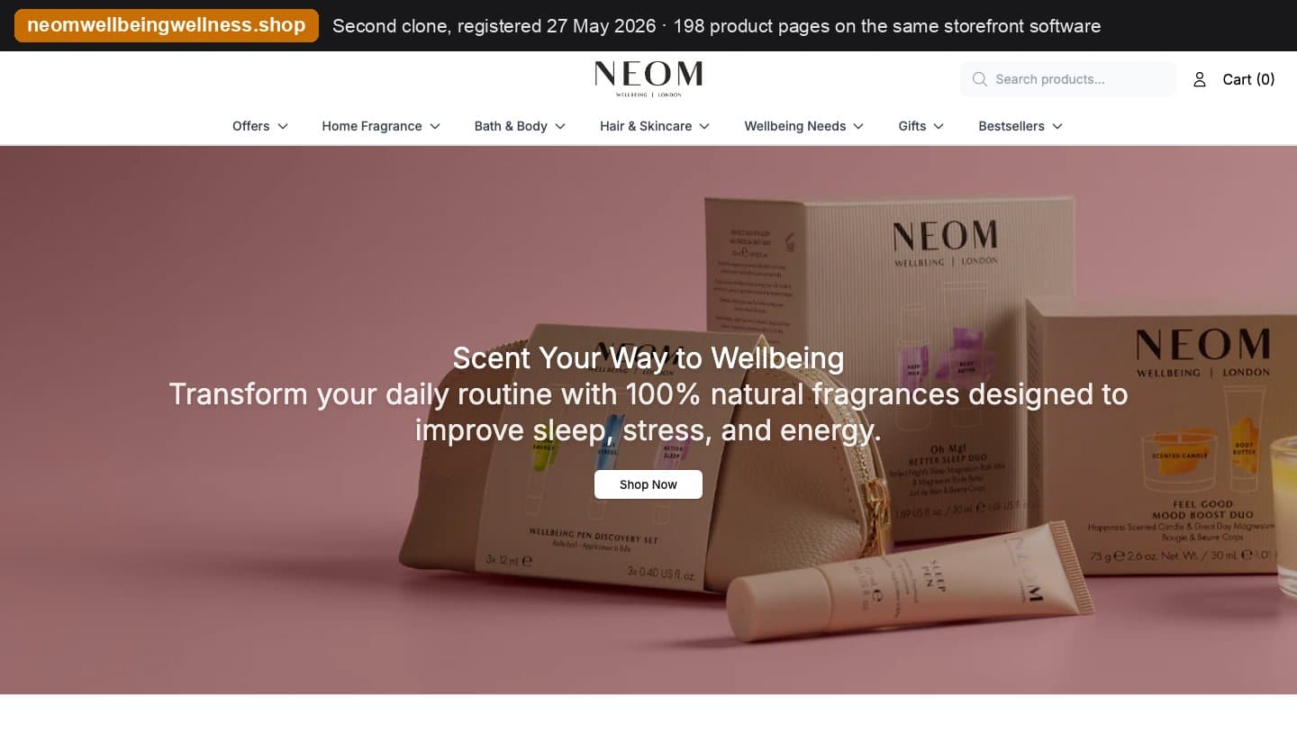 neomwellbeingwellness.shop homepage with the NEOM logo and a banner of NEOM gift sets