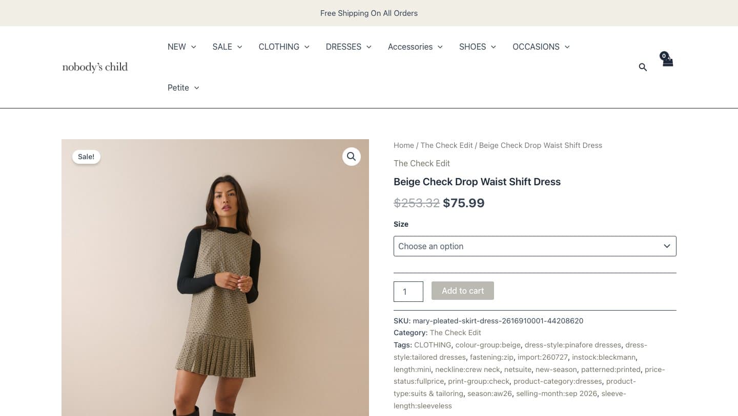 nobodyschildshop.com product page for the Beige Check Drop Waist Shift Dress at $75.99