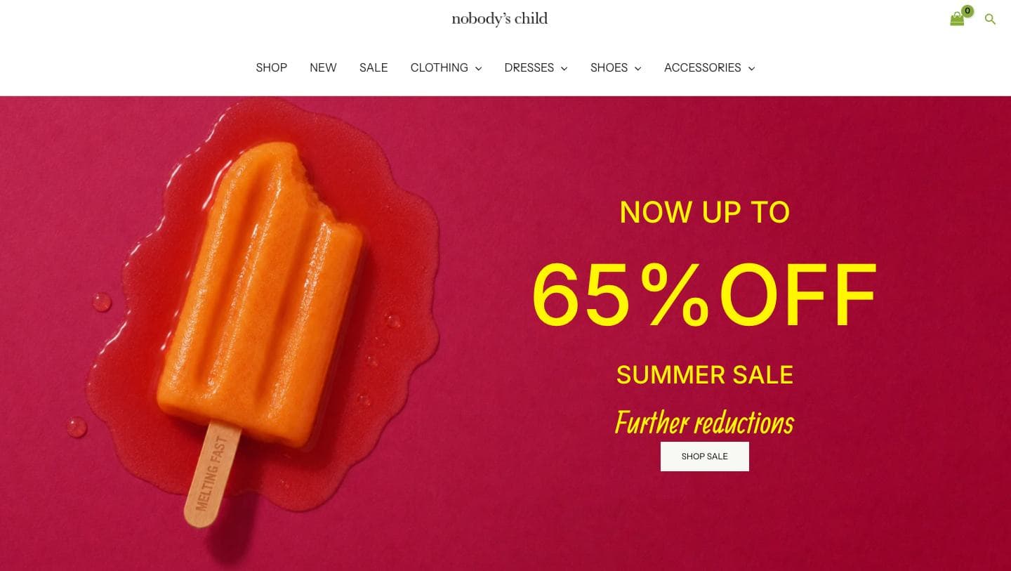 nobodyschildstyle.com homepage advertising up to 65% off