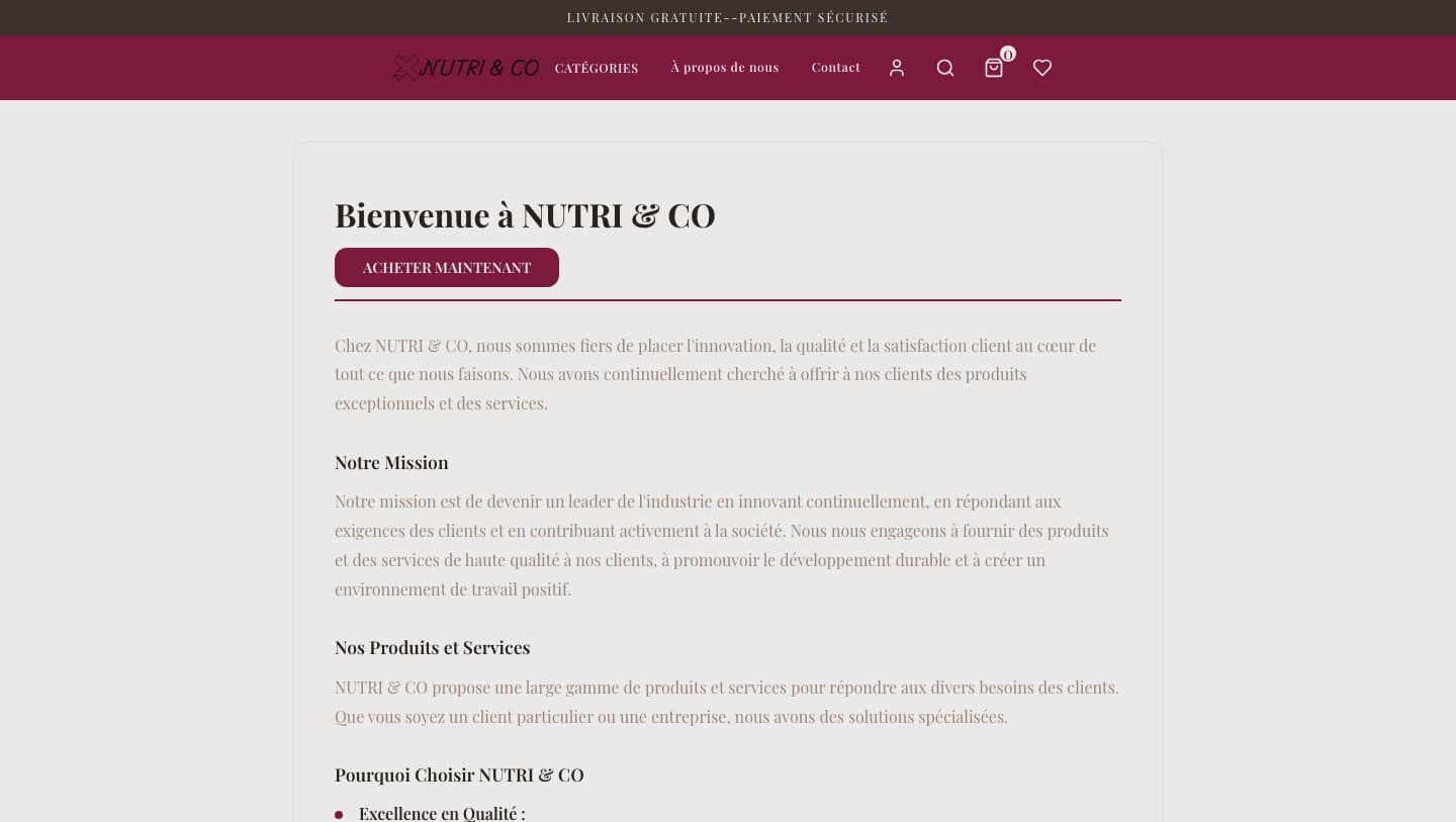 antoineshopnutri.shop about page headed Bienvenue à NUTRI & CO