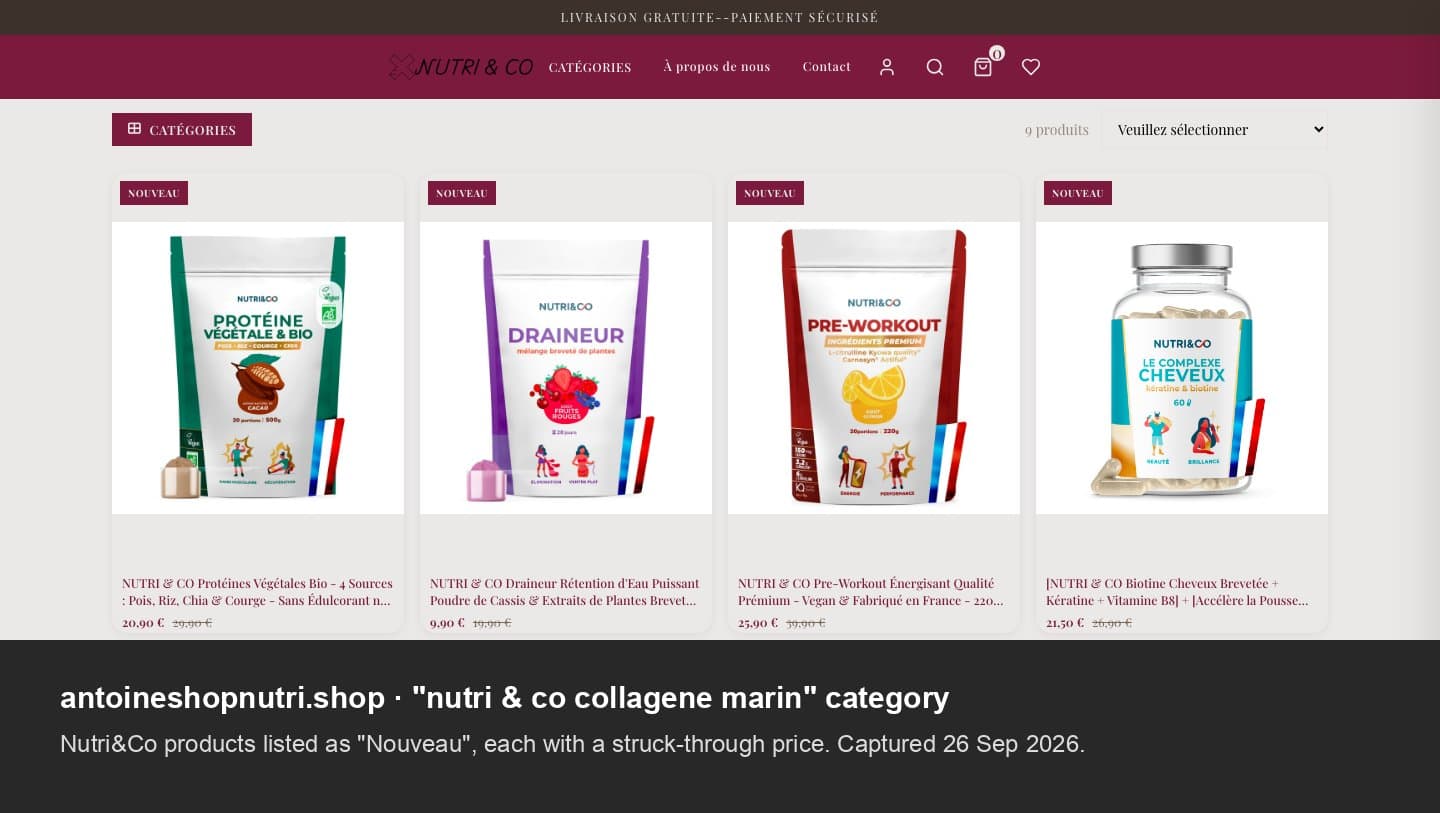 antoineshopnutri.shop category page listing Nutri&Co products with struck-through prices