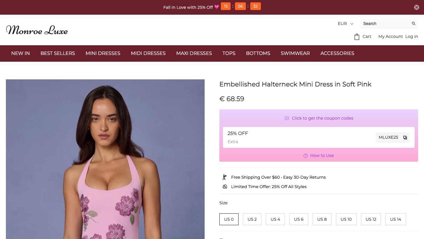 Monroe Luxe product page for an Oh Polly halterneck dress
