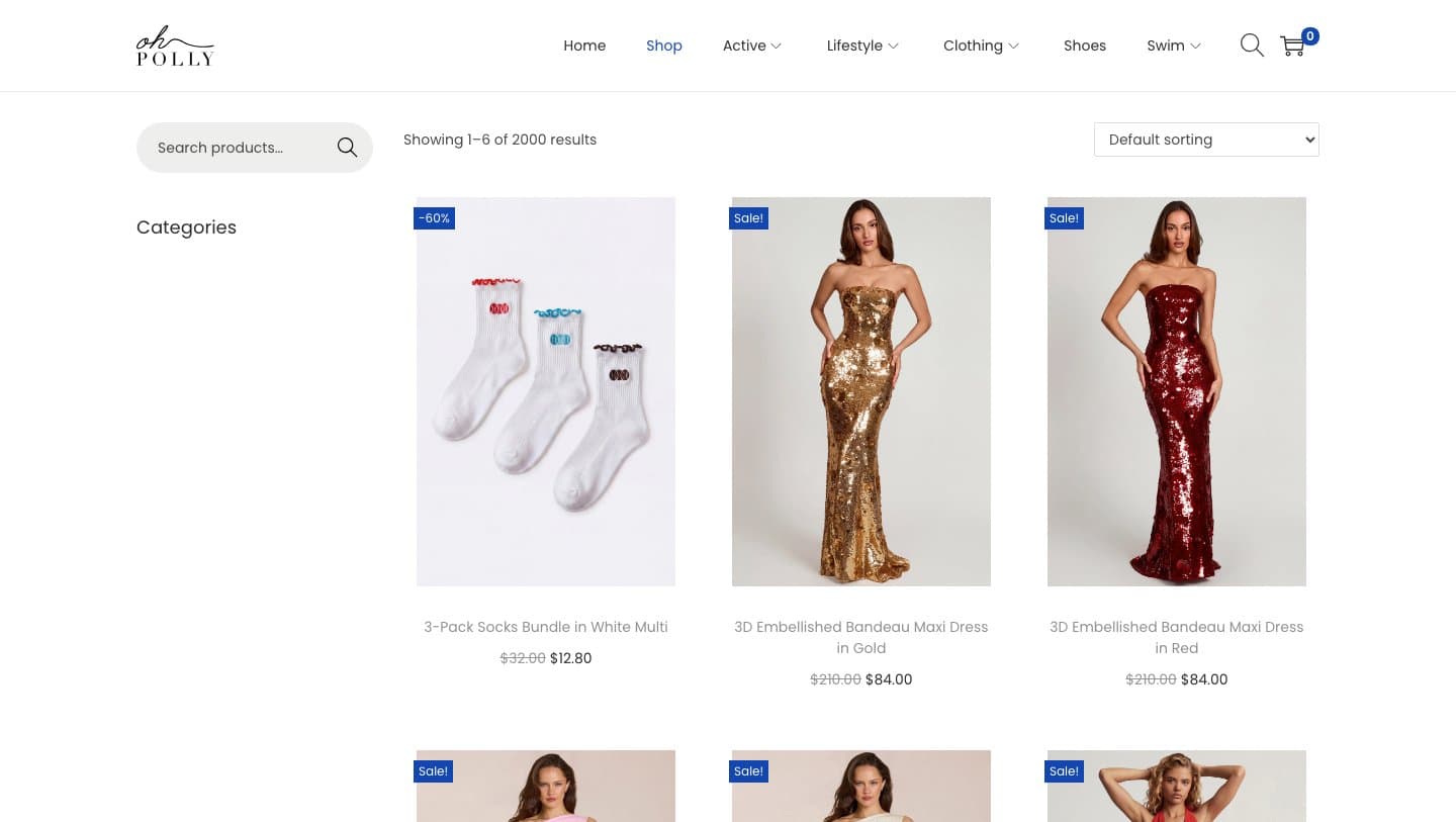 ohpollywear.com shop page with Oh Polly logo and sale prices