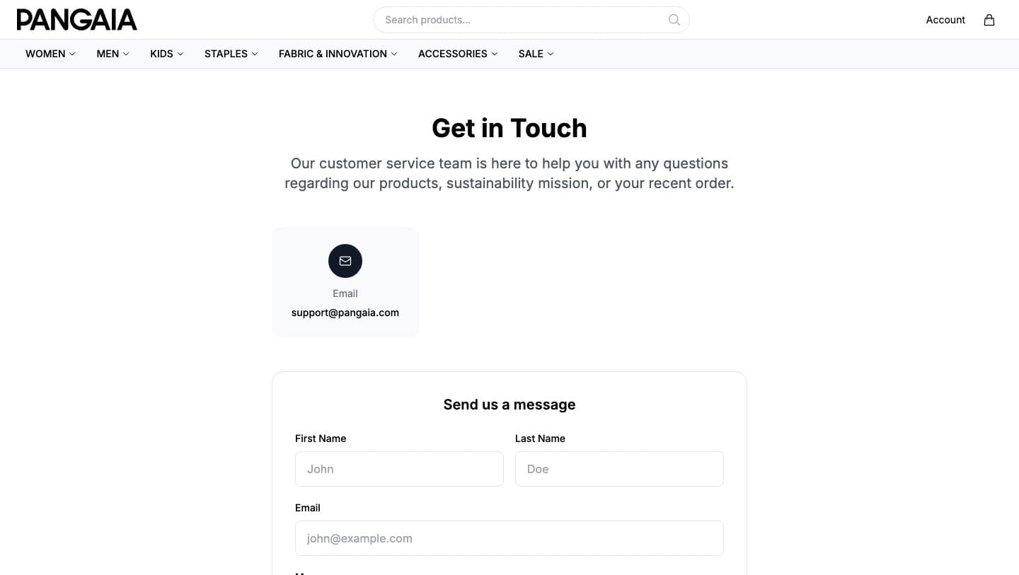 pangaiastore.shop contact page listing support@pangaia.com