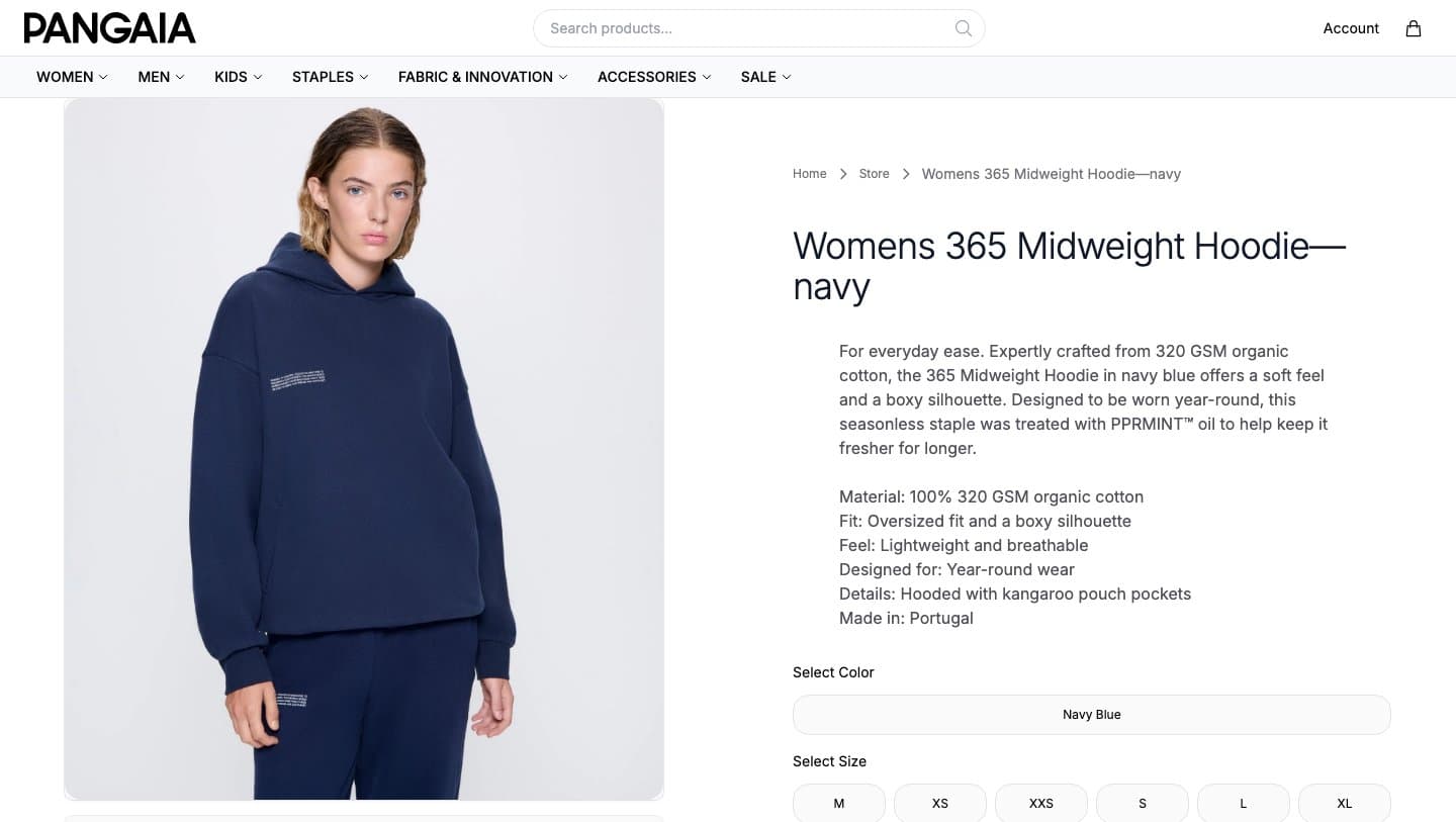 pangaiastore.shop product page for the Womens 365 Midweight Hoodie in navy