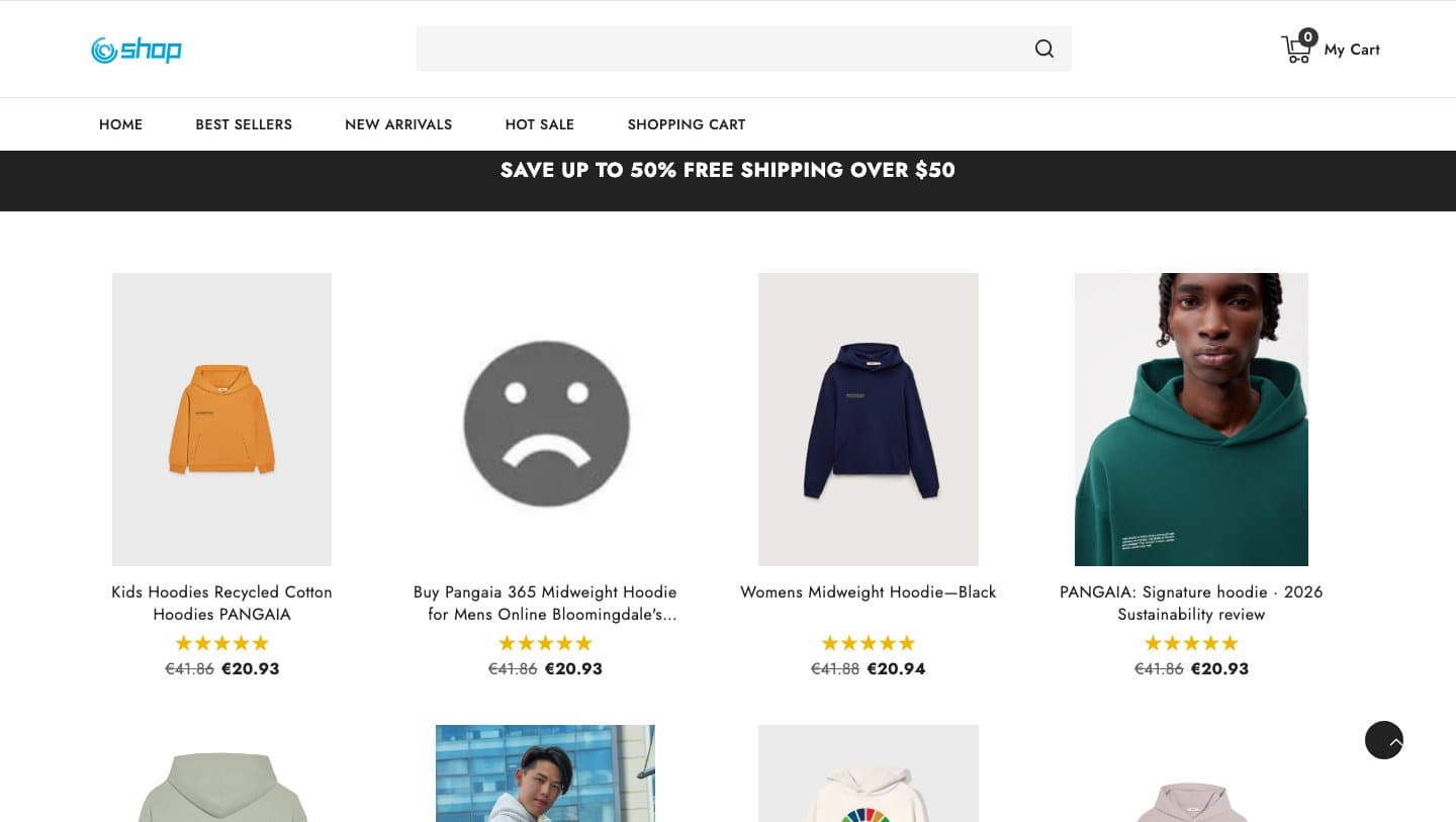 sellsbotiko.click store listing Pangaia hoodies at 20.93 euros