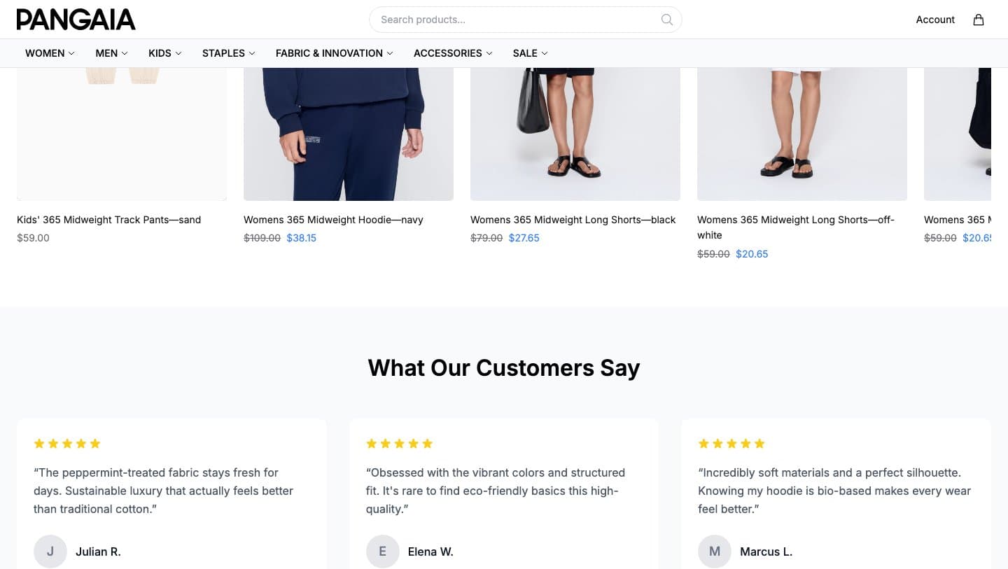 pangaiastore.shop product carousel with 65% discounts and generic reviews