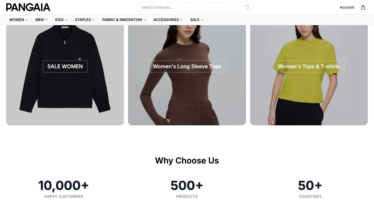 Why Choose Us block on pangaiastore.shop claiming 10,000+ customers